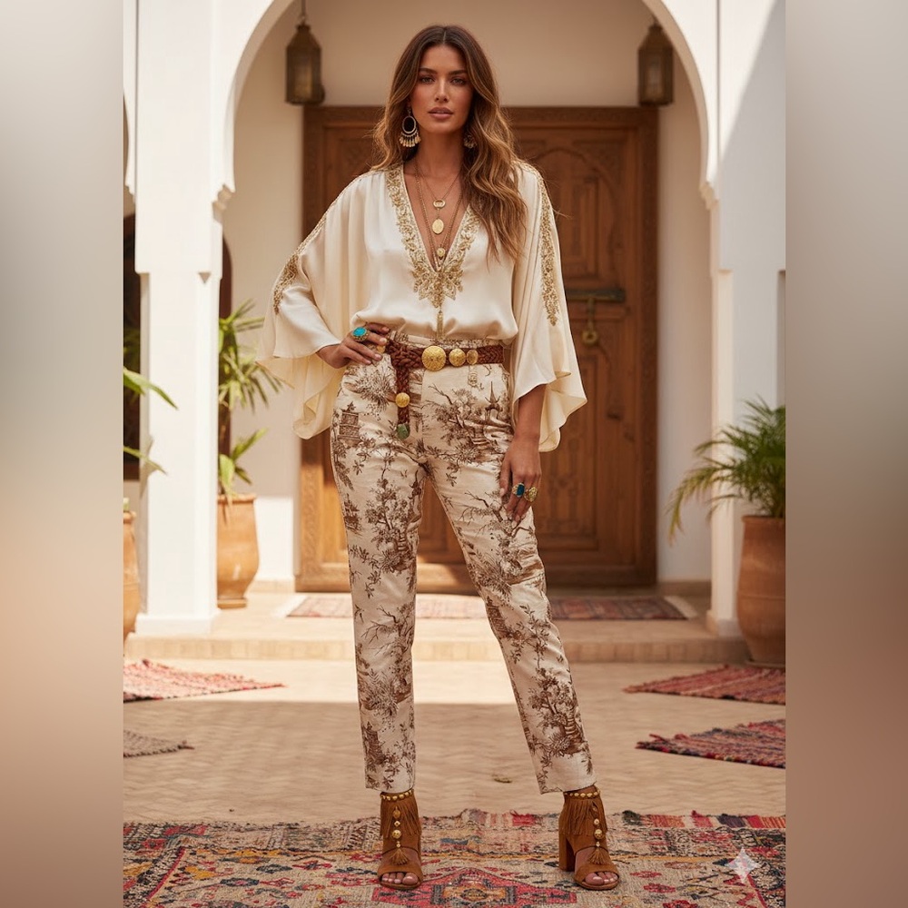 Silk Club Collection 100% Linen Toile Pagoda Pants Women's 6 Boho Glam Vintage